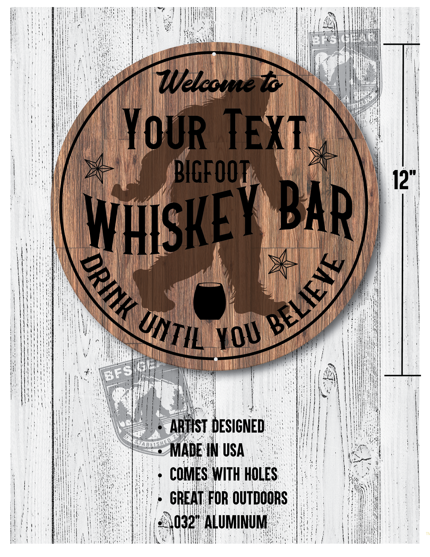 Personalized Bigfoot Whiskey Bar 12x12 Metal Sign