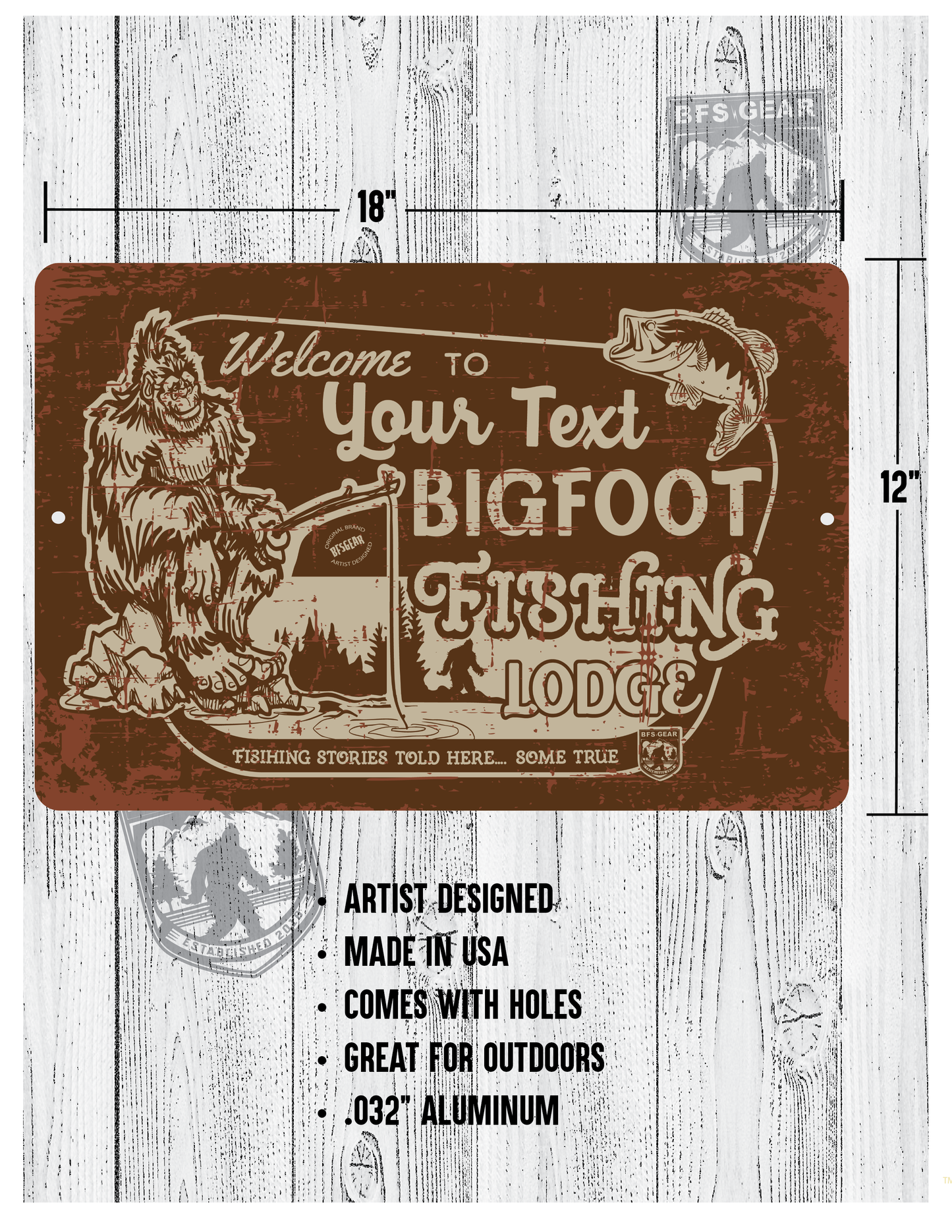 Personalized Bigfoot Fishing Tours & Lodge 12x18 Metal Sign